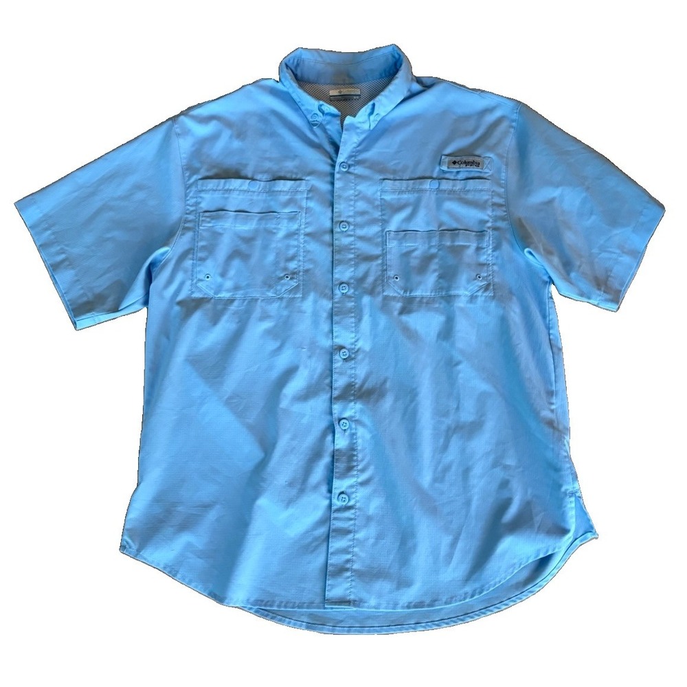 Columbia PFG Short Sleeve Fishing Shirt Men's Medium Blue Omni Shade UPF 40